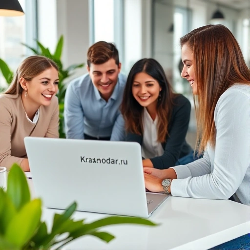 A modern office space with a team of professionals collaborating around a table, discussing a project on a laptop. The laptop screen displays the website https://krasnodar.okna-ecoplast.ru. The office is well-lit with natural light, and there are green plants adding a touch of nature. The team members are smiling and engaged in a productive discussion.