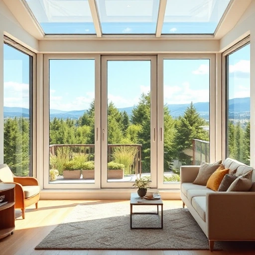 A modern, well-lit room with large plastic windows that showcase a beautiful outdoor view. The windows should be clean and have a sleek design, highlighting their durability and energy efficiency. The interior should be cozy and inviting, with comfortable furniture and a warm color palette.
