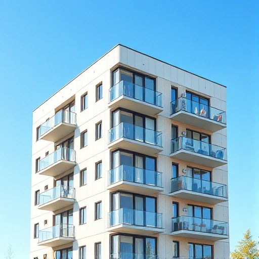 A modern apartment building in Novo-Novosibirsk with a focus on balconies and loggias, showcasing different types of glazing. The image should include various styles of glazing such as panoramic, sliding, and French balconies. The building should be depicted in a clean, contemporary architectural style with a clear blue sky in the background.