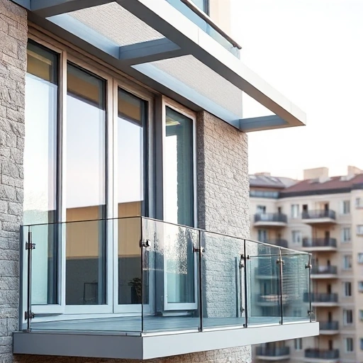 A modern balcony and loggia glazing installation in Penza, Russia, 2026, showing sleek aluminum frames with double-glazed windows, sunlight reflecting off glass, urban residential building background, clear sky, no people, no text or signs, realistic architectural photography style