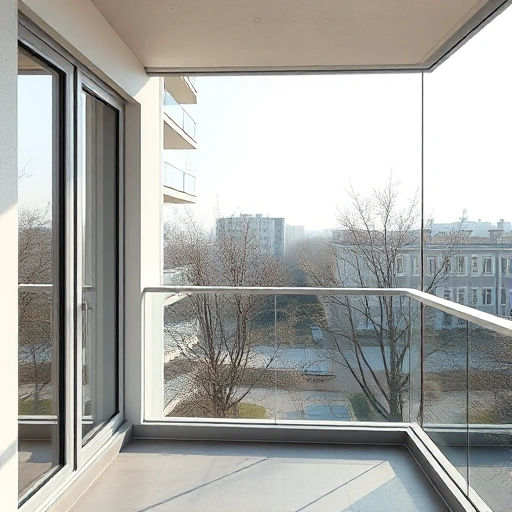 A modern balcony with panoramic glass glazing in a residential building in Penza, Russia, showing clear views of a spring cityscape with budding trees and mild sunlight, aluminum frames, clean lines, no visible price tags or text, realistic architectural rendering, high detail, daylight