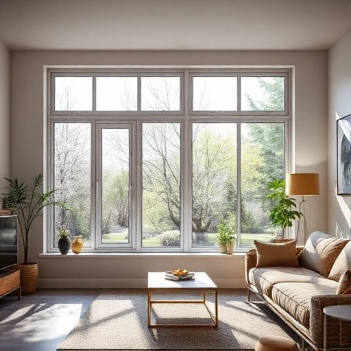 A modern, well-lit room with large, energy-efficient windows from Ecoplast, showcasing a comfortable and stylish interior. The windows should be the focal point, highlighting their sleek design and quality craftsmanship. The room should have a cozy atmosphere with natural light streaming in, and perhaps some greenery or decorative elements to enhance the aesthetic appeal.