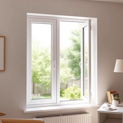 A modern, energy-efficient window from Ekoplast company installed in a bright, cozy living room with natural sunlight streaming through, showcasing sleek white PVC frames, double-glazed glass with subtle reflection, and a view of a green garden outside; the window is slightly open to suggest ventilation, with no visible brand logos, text, or digits on the frame or glass