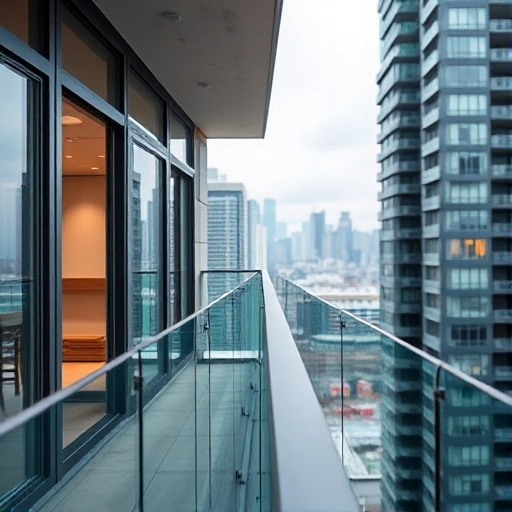 A modern apartment building in a city setting, focusing on a balcony with glass railings and large windows. The balcony should be well-lit, showcasing the glass panels and the view of the cityscape in the background. The image should convey a sense of contemporary living and urban comfort.