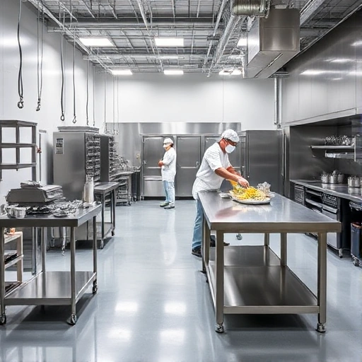 A modern industrial kitchen or food production facility showcasing stainless steel production tables from AYSELINE. The tables should be clean, durable, and functional, with a focus on their sleek design and practicality. Include workers in protective gear using the tables for food preparation or processing, highlighting the hygienic and efficient nature of the equipment.