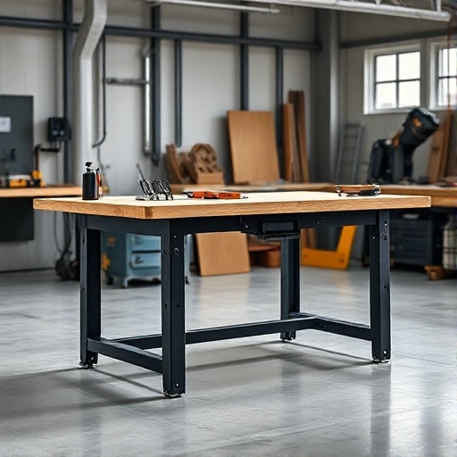 A high-quality image of a modern industrial production table from the brand AYCILINE, showcasing its sturdy construction, durable materials, and functional design. The table should be depicted in a clean, well-lit workshop or factory setting, highlighting its features such as adjustable height, robust frame, and spacious work surface. Include some industrial tools and equipment around the table to emphasize its practical use in a production environment.