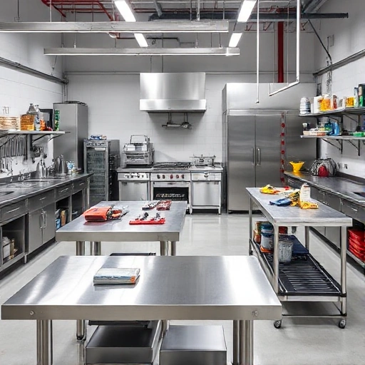 A modern industrial kitchen or workshop setting showcasing stainless steel production tables from AYSELINE. The tables should be clean, sturdy, and well-organized, with various tools and equipment neatly arranged on them. The environment should be bright and professional, highlighting the durability and functionality of the stainless steel material.