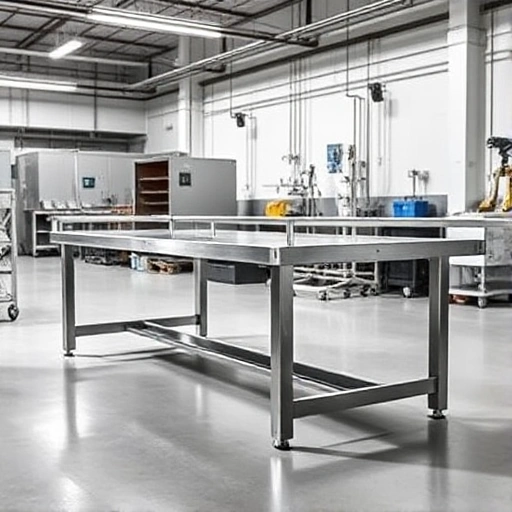 A high-quality image of industrial production tables made of stainless steel by AYSELINE. The tables should be depicted in a clean, modern workshop or factory setting. Show the sturdy construction, smooth surfaces, and any notable features like adjustable legs or integrated shelves. The tables should be the main focus, with some background elements like tools or equipment to give context.