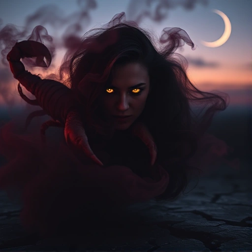 A mystical and introspective portrait of a Scorpio zodiac figure, partially shrouded in deep crimson and black smoke, with glowing amber eyes reflecting a distant starfield, subtle scorpion tail motif woven into the shadows behind them, standing on a cracked obsidian surface under a twilight sky with a faint crescent moon, evoking intensity, transformation, and hidden depth — no text, no letters, no digits